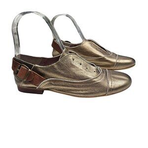 Sixty Seven 67 Gold & Brown Leather Slip on Oxfords Buckle Detail Women's EU 36‎